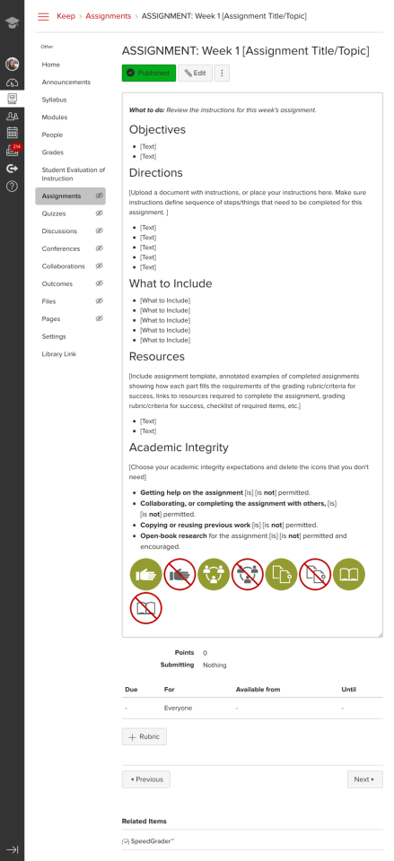 Keep Teaching Carmen Course Template assignment page example