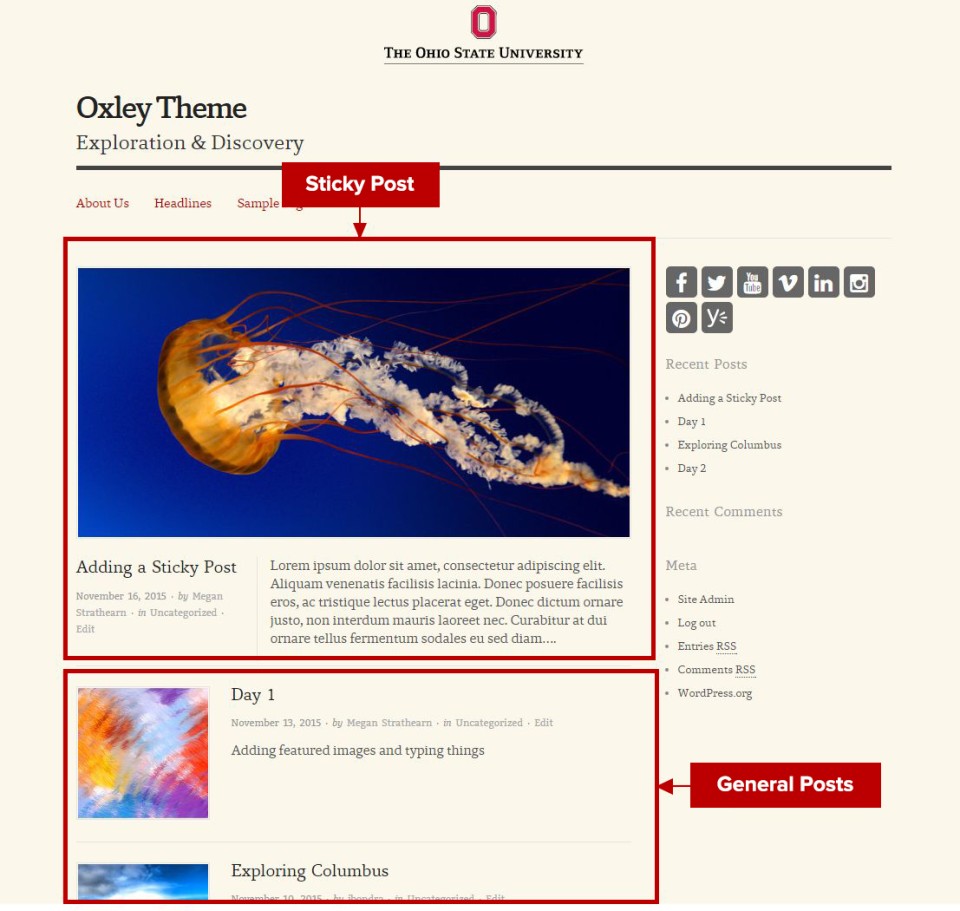 Sticky Post displayed above General Posts on the Oxley Theme homepage