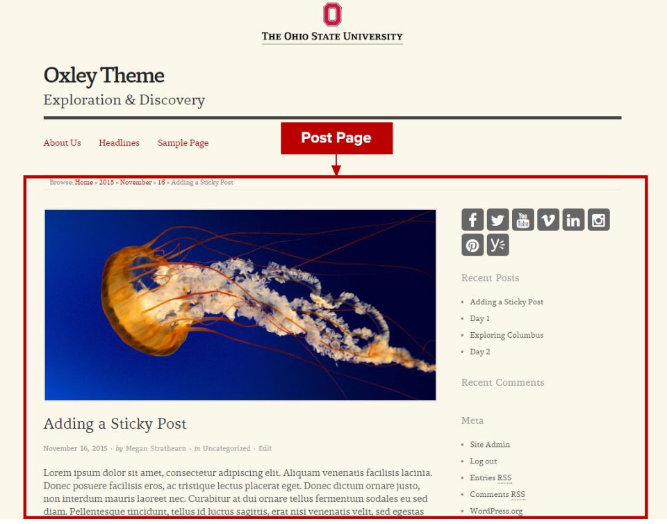 Featured image example on post page of Oxley Theme site