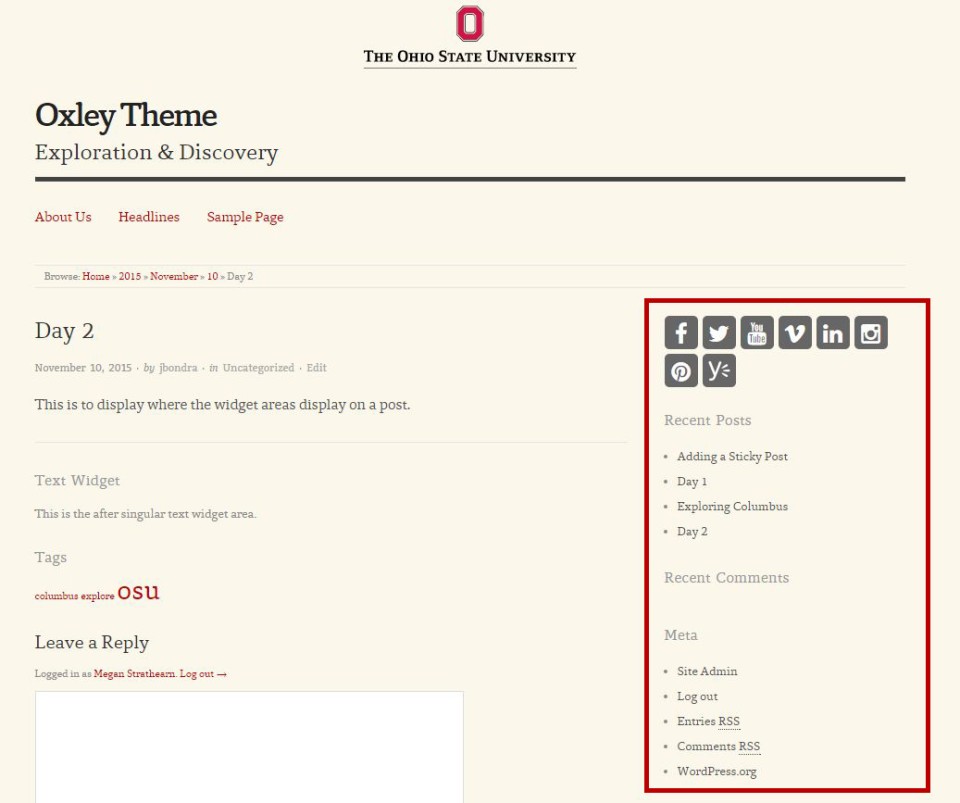 Side widget area on Oxley Theme site