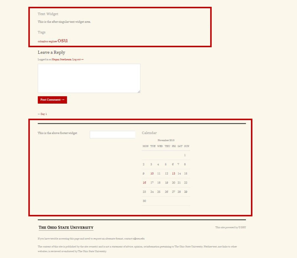Text widget and calendar widget examples on Oxley Theme site