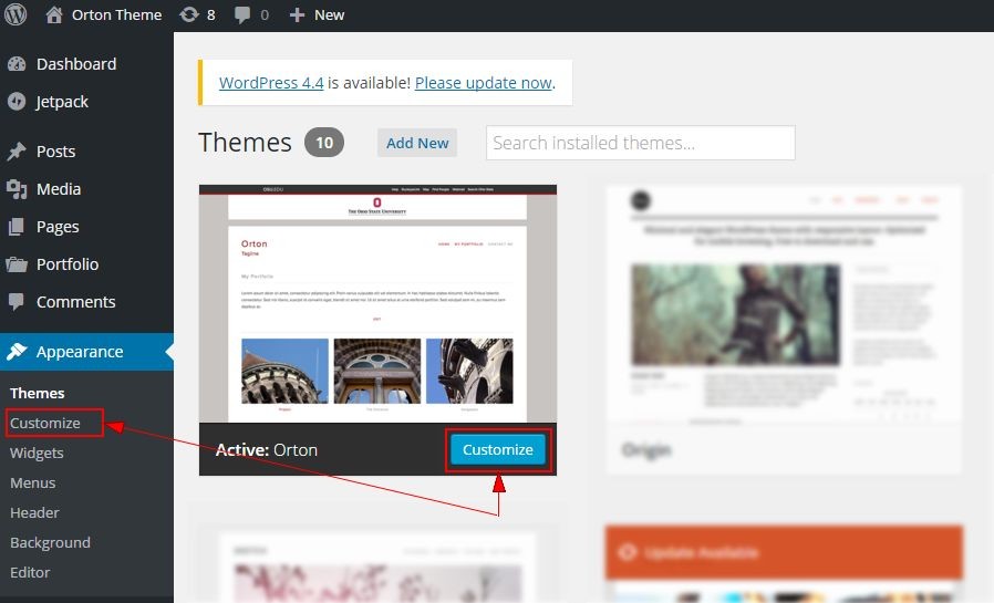 Customize button on active Orton theme on Themes page