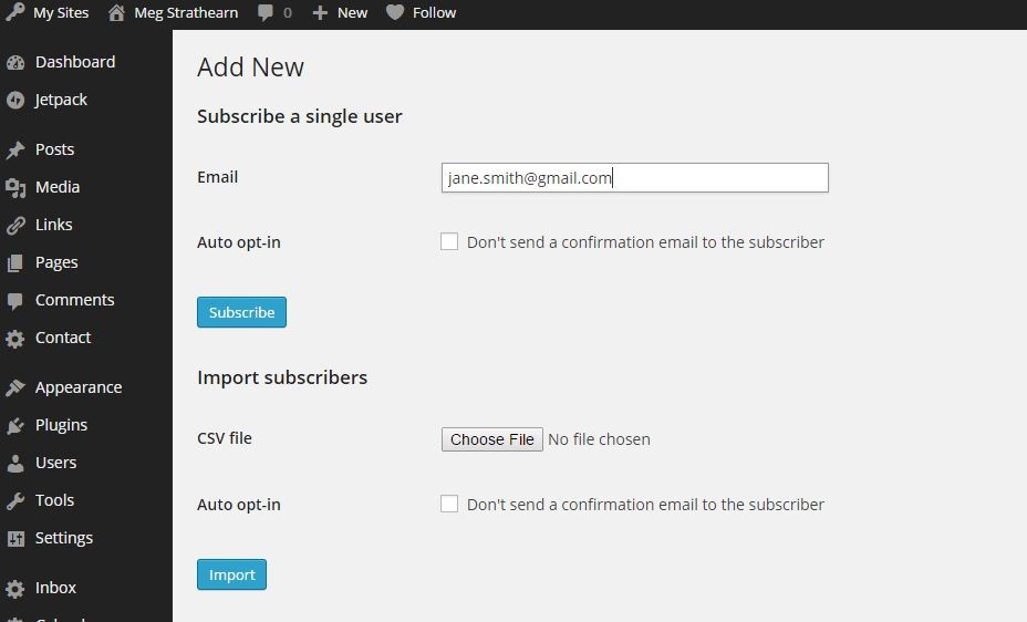 Add new single user and bulk import subscribers options on Add New page