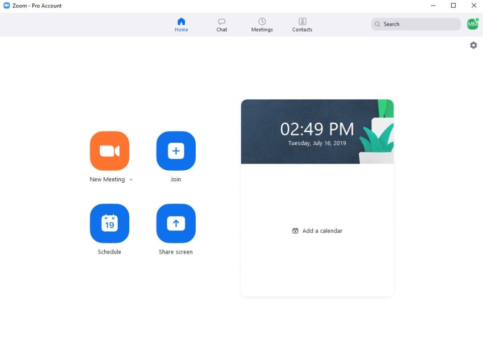 Home screen of Zoom Desktop client after logging in