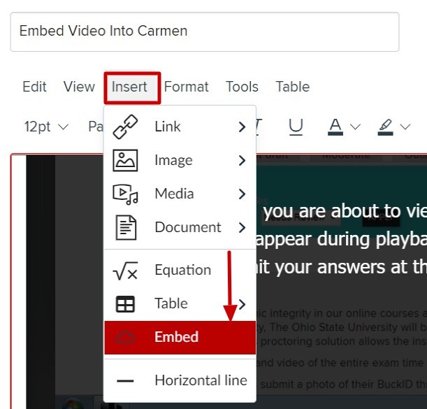 Select Insert from the text toolbar above the rich content editor icon toolbar