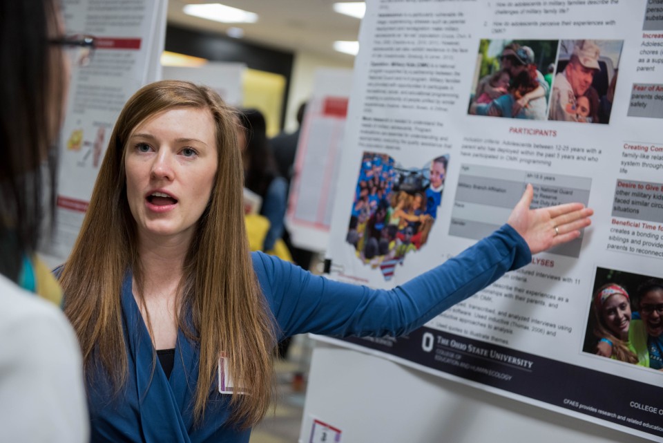 A student presents a research poster.