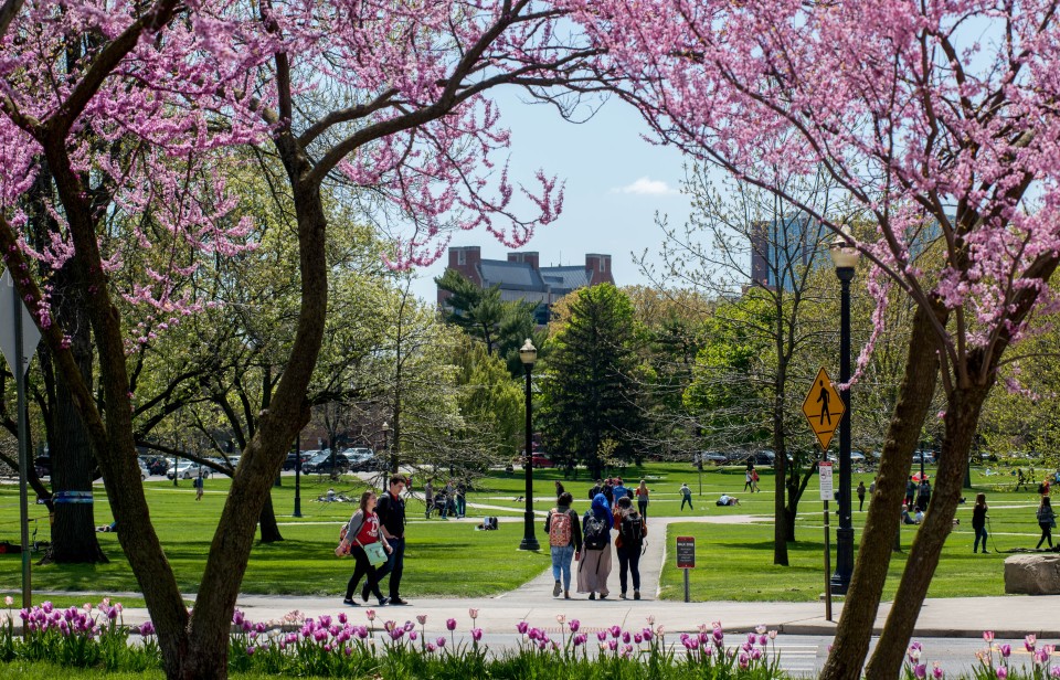 Students walk on the oval on Ohio State's Columbus campus.