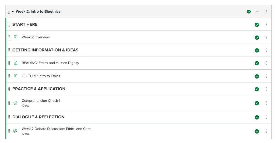 An outline of a module in CarmenCanvas: Week 2 Intro to Bioethics.