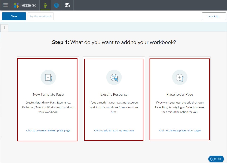 Screenshot Create a Workbook step1 with 3 options