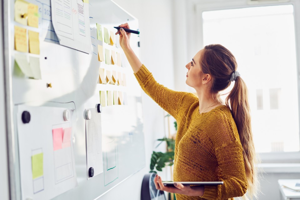 An instructor mapping ideas at a whiteboard.