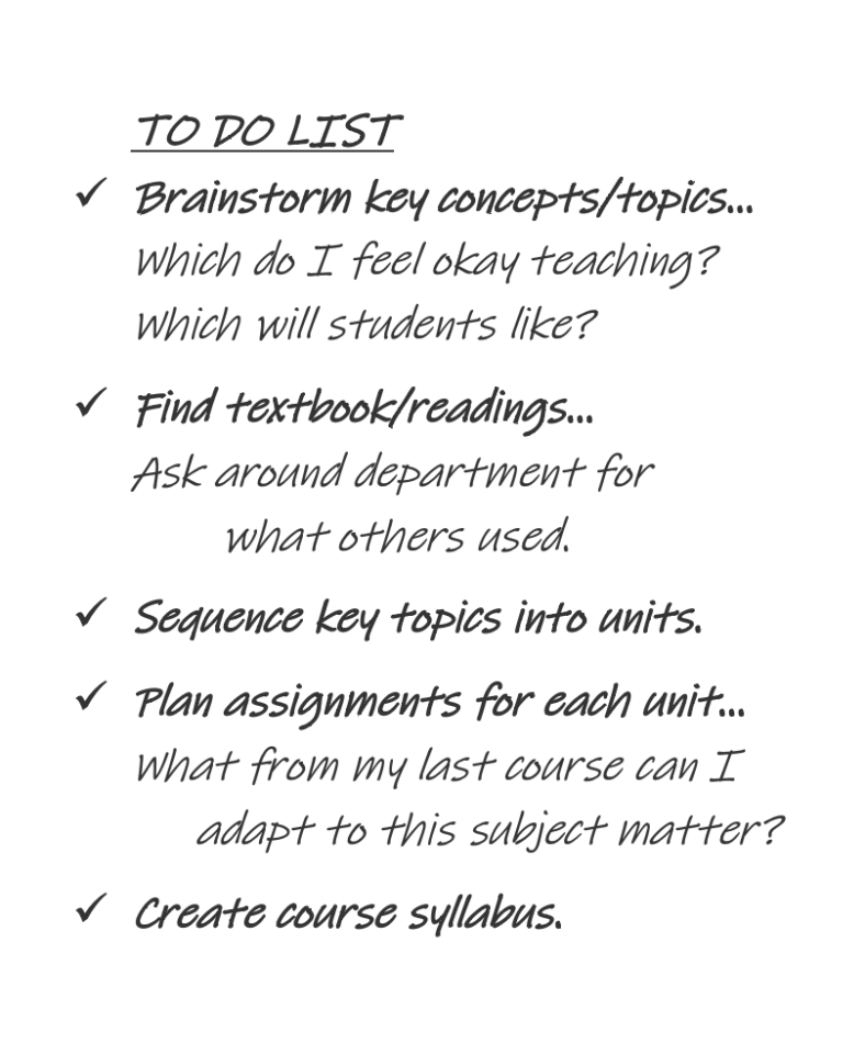 Professor Buckeye's To Do List for his course reads as follows: TO DO LIST [checkmark] Brainstorm key concepts/topics...  Which do I feel okay teaching?  Which will students like? [checkmark] Find textbook/readings... Ask around department for what others used. [checkmark] Sequence key topics into units. [checkmark] Plan assignments for each unit... What from my last course can I adapt to this subject matter? [checkmark] Create course syllabus.