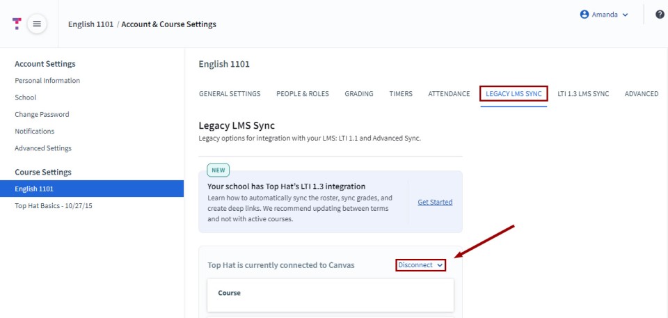 Top Hat user interface Disconnect Button under Legacy LMS Sync tab