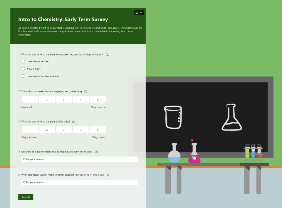 An Intro to Chemistry survey with 3 quantitative and 2 open-ended questions on a themed background showing an illustrated chalkboard and lab instruments. 