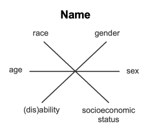 A sample social identity wheel visual tool. It depicts 6 spokes, or lines, that connect at a center point. The spokes are labeled race, gender, sex, socioeconomic status, (dis)ability, and age.